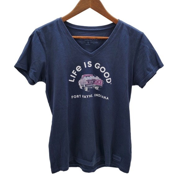 Life Is Good Tops - Life Is Good Womens Blue Short Sleeve T-Shirt‎ S Fort Wayne Indiana V-Neck Truck